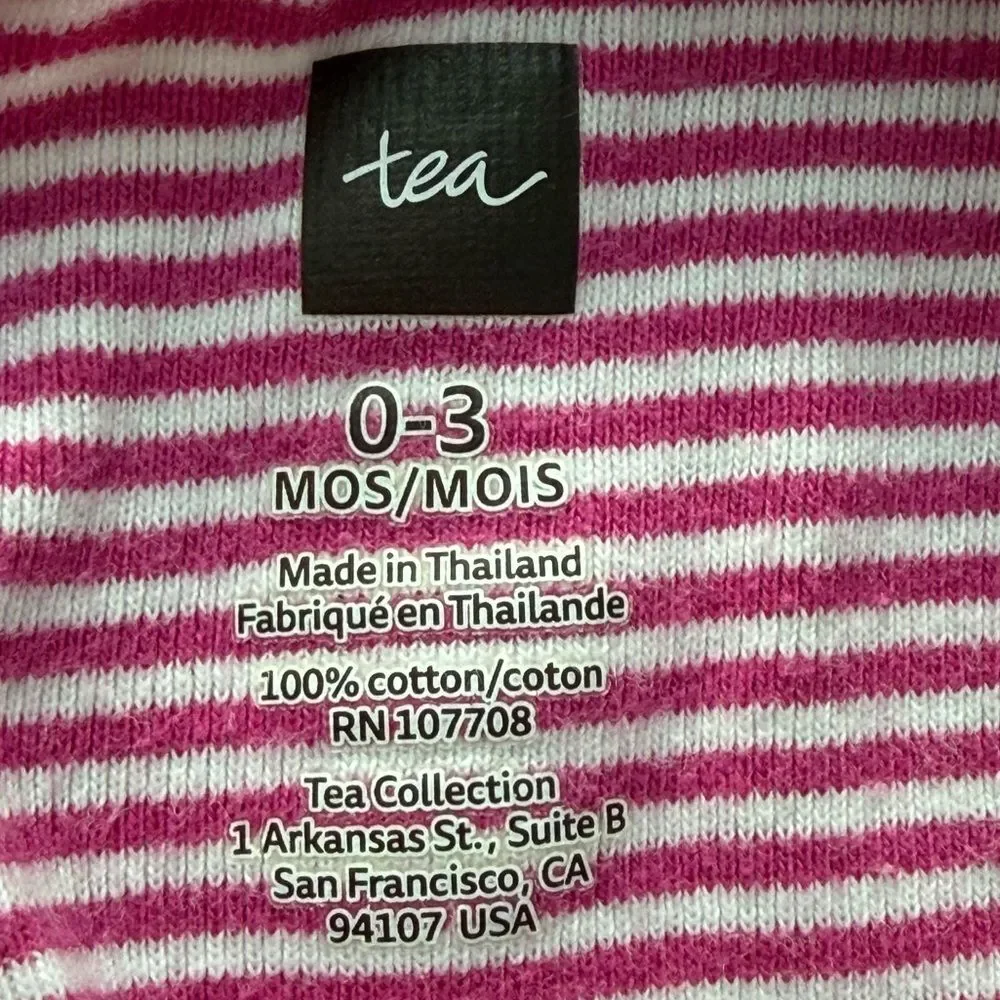 Tea Collection Baby Girls Short Sleeve Pink Striped One Piece Romper. 0-3 Months